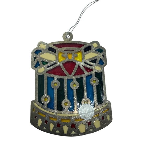Vtg Godinger Silver Art GSA Stained Glass Style Christmas Drum Ornament 3.75” - Picture 2 of 4